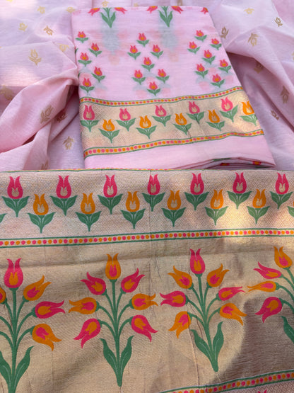 Pink meenadar flower design Chanderi cotton suit set