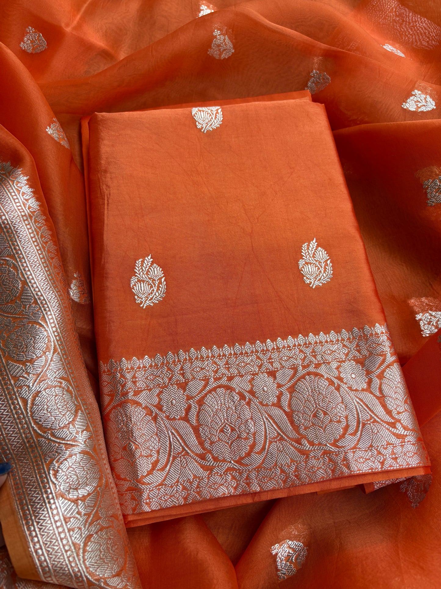 Orange Chiniya kora silver zari suit set