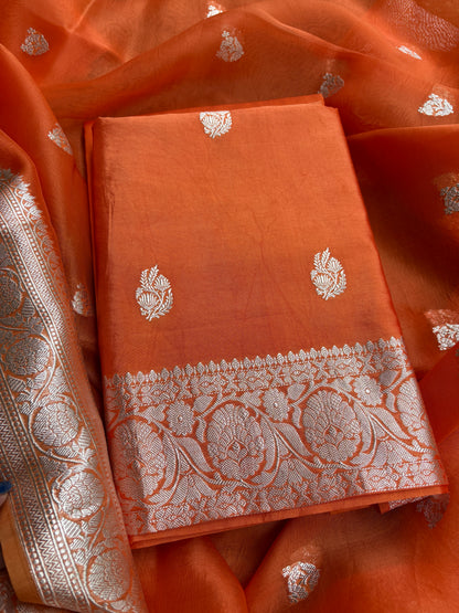 Orange Chiniya kora silver zari suit set