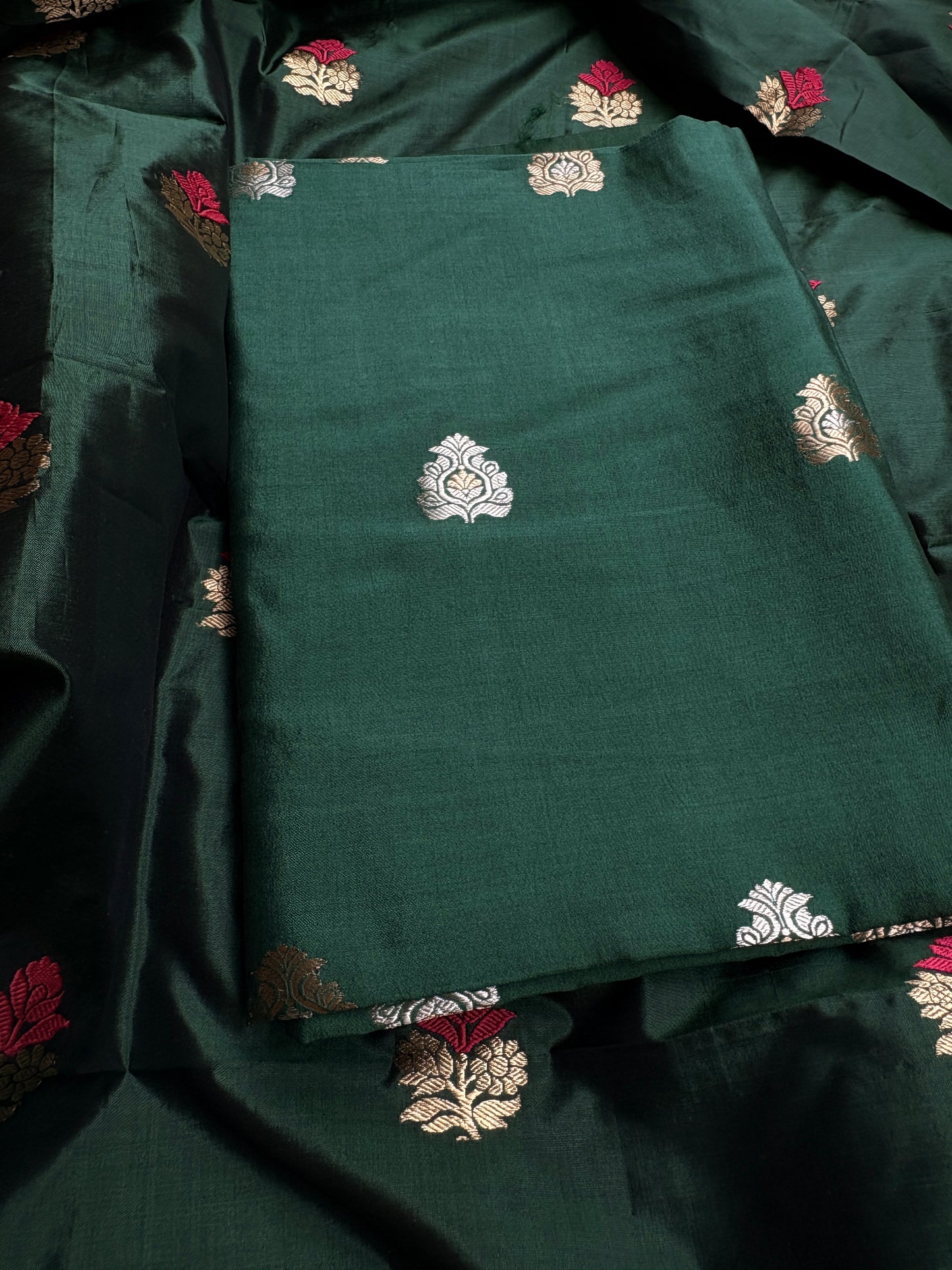 Green Chiniya silk kurta, bottom, katan silk kadhwa dupatta