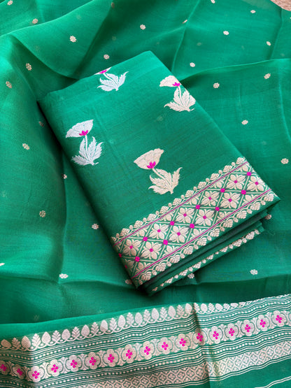 Green kora kadhwa rose design suit set