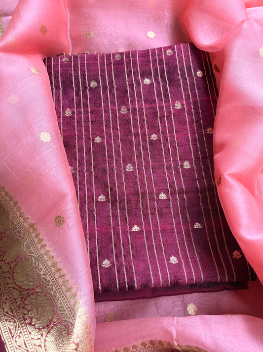 Wine raw silk kadhwa with kora kadhwa dupatta