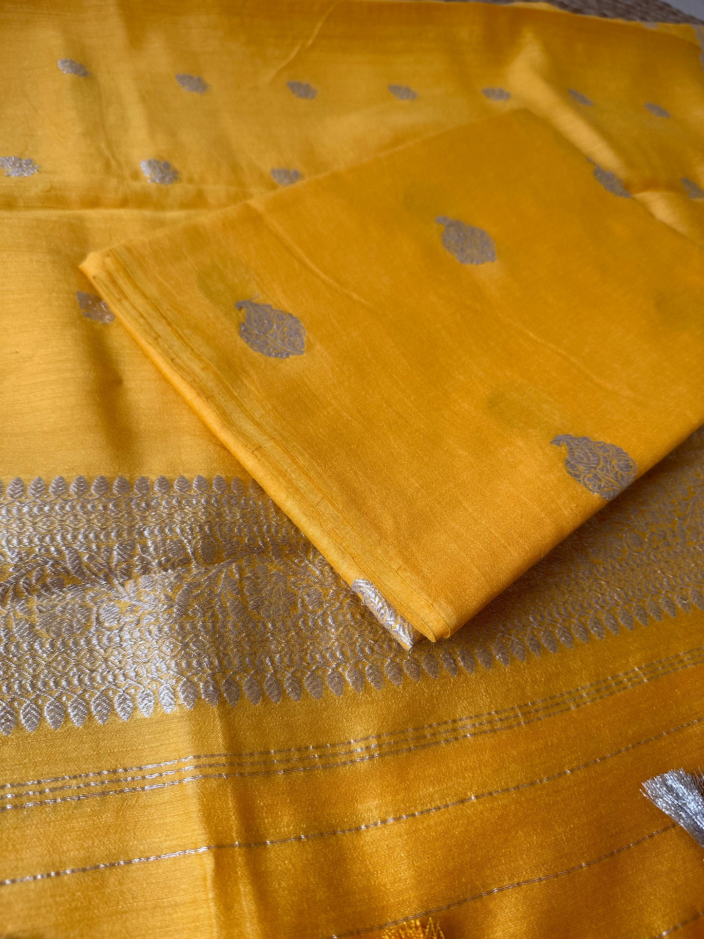 Yellow Silver zari moonga silk 3 piece suit set