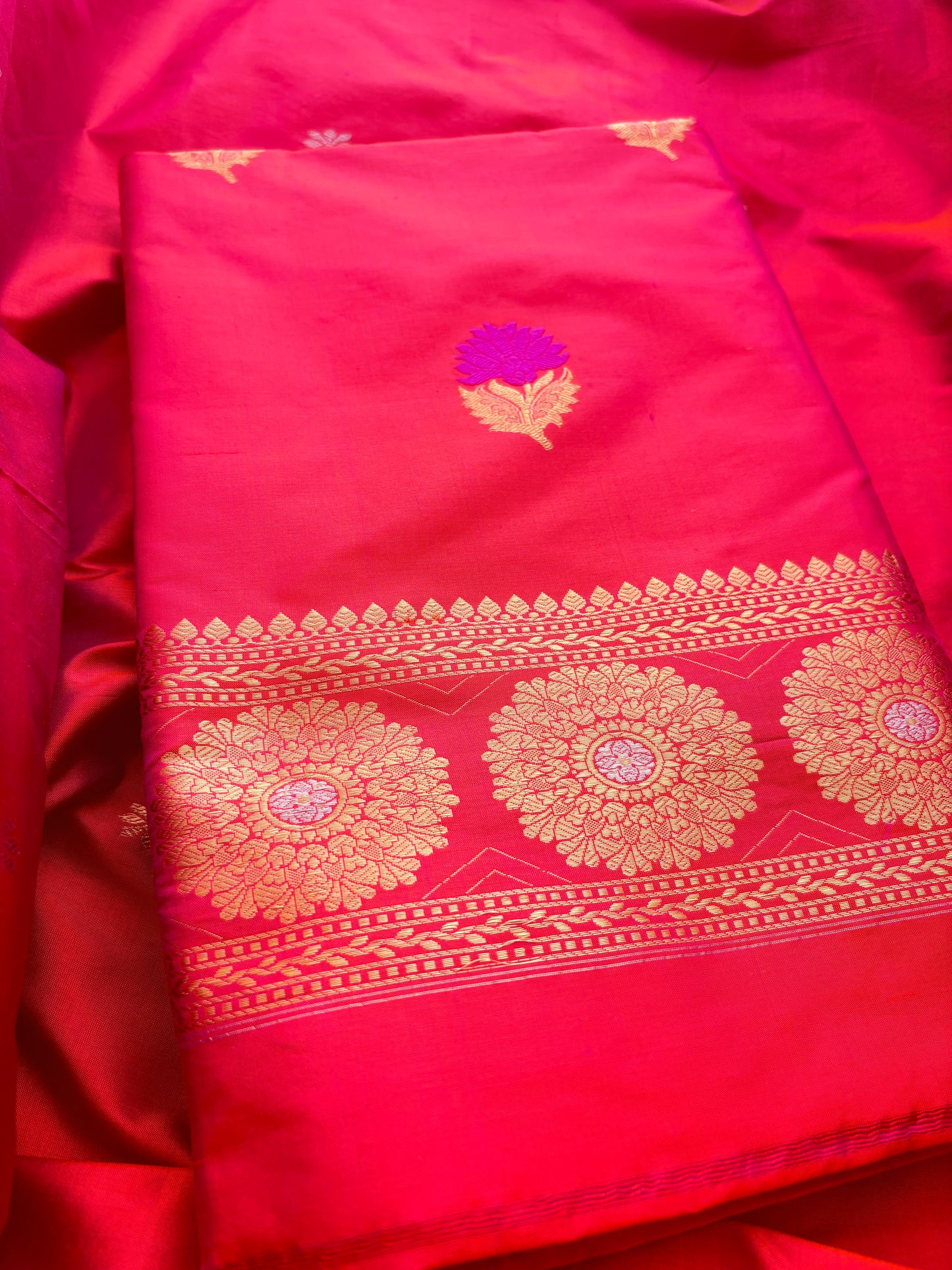 Red pink katan by katan silk kadhwa suit set