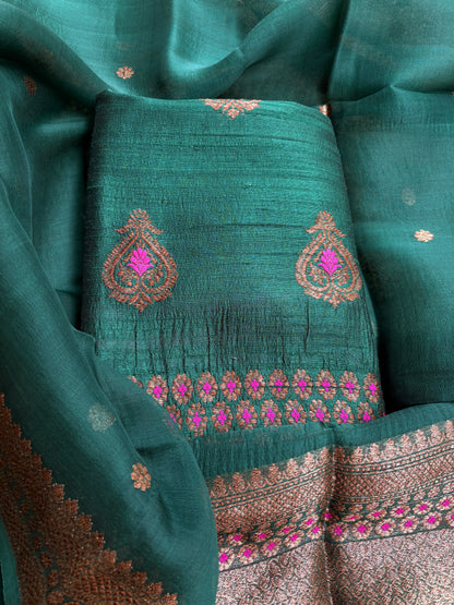 Green raw silk kadhwa suit set