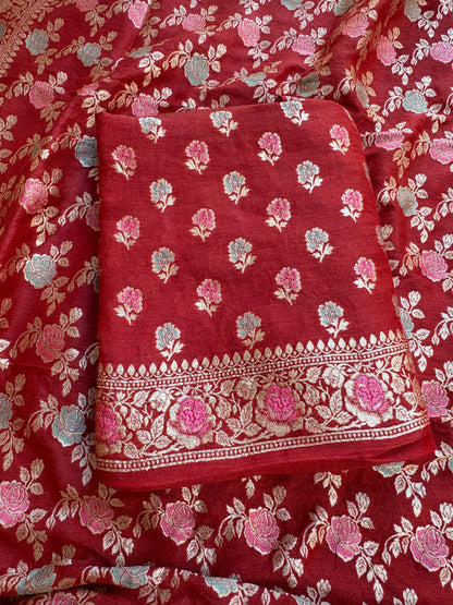 Red jaal meenadar moonga silk suit set