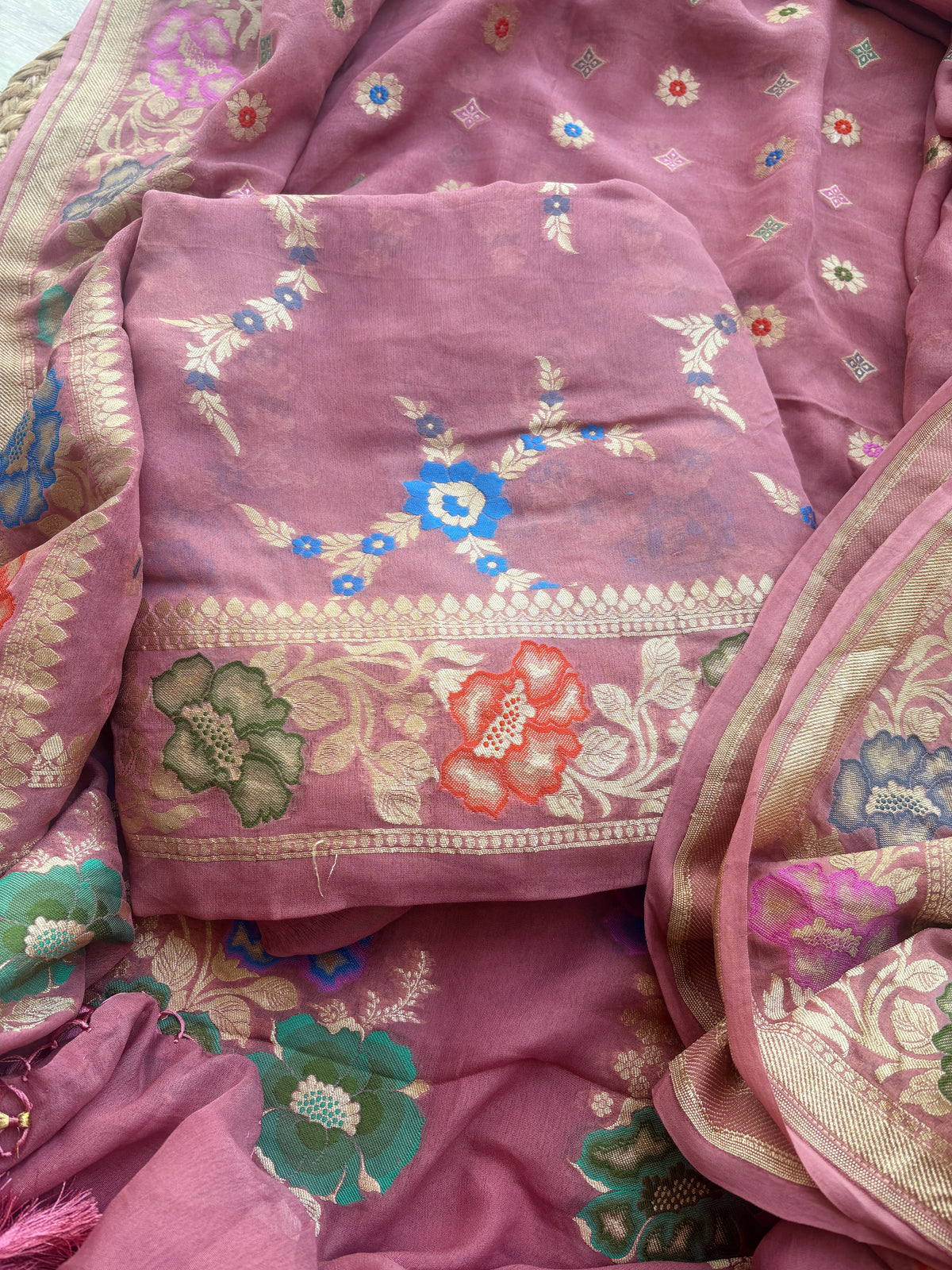 Peach meenadar weaving Khaddi georgette suit set