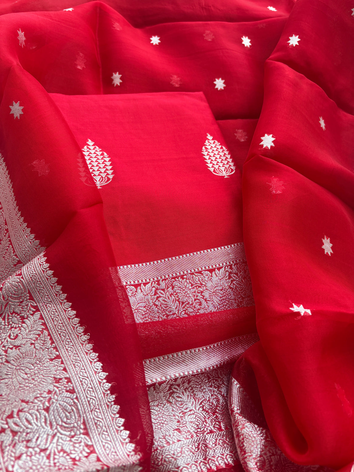 Red Chiniya kora silk silver zari suit