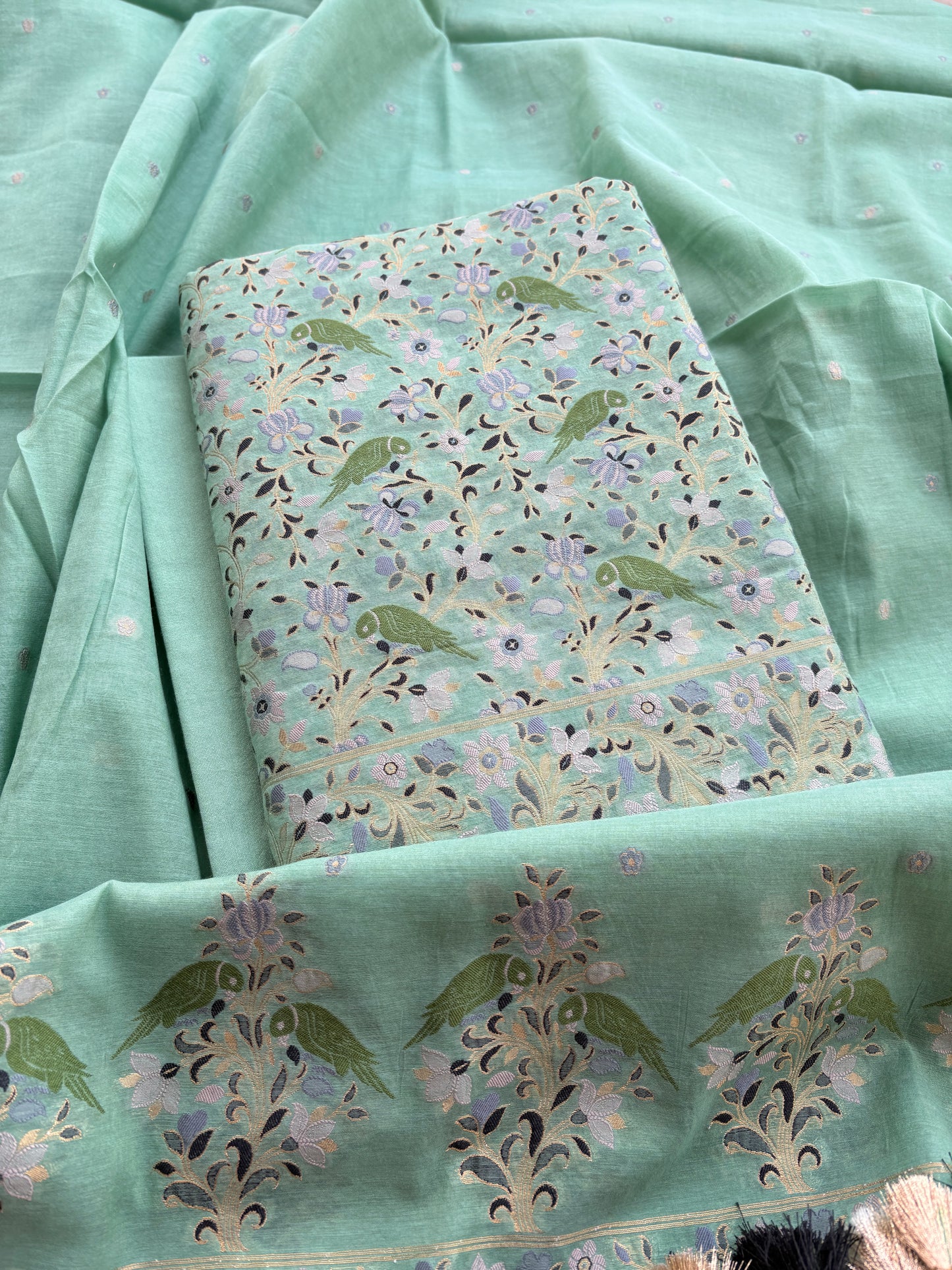 Green Chanderi bird weaving suit set