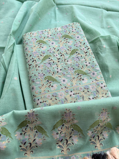 Green Chanderi bird weaving suit set