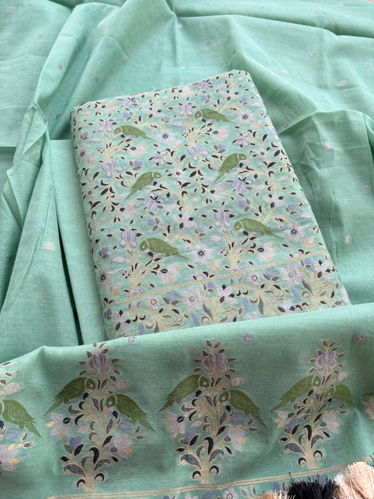 Green Chanderi bird weaving suit set