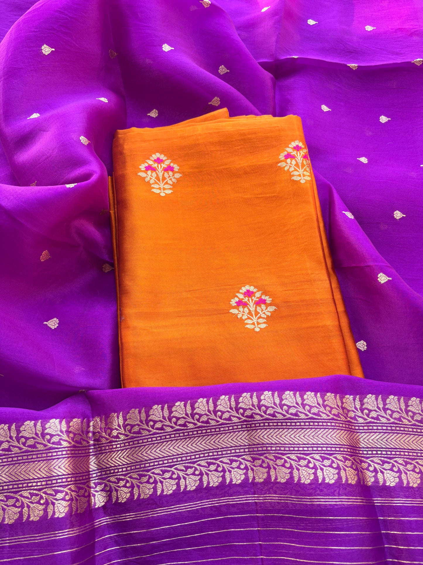 Rust orange suit with purple kora silk dupatta