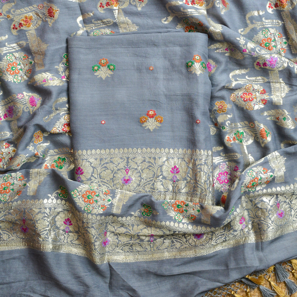 Grey moonga silk pure silk suit set