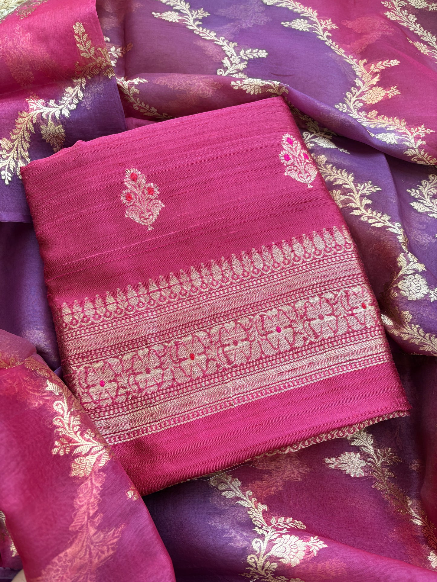 Pink raw silk suit with rangkat dupatta