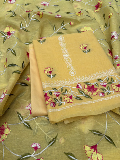 Yellow cotton linen embroidered 3 piece suit set