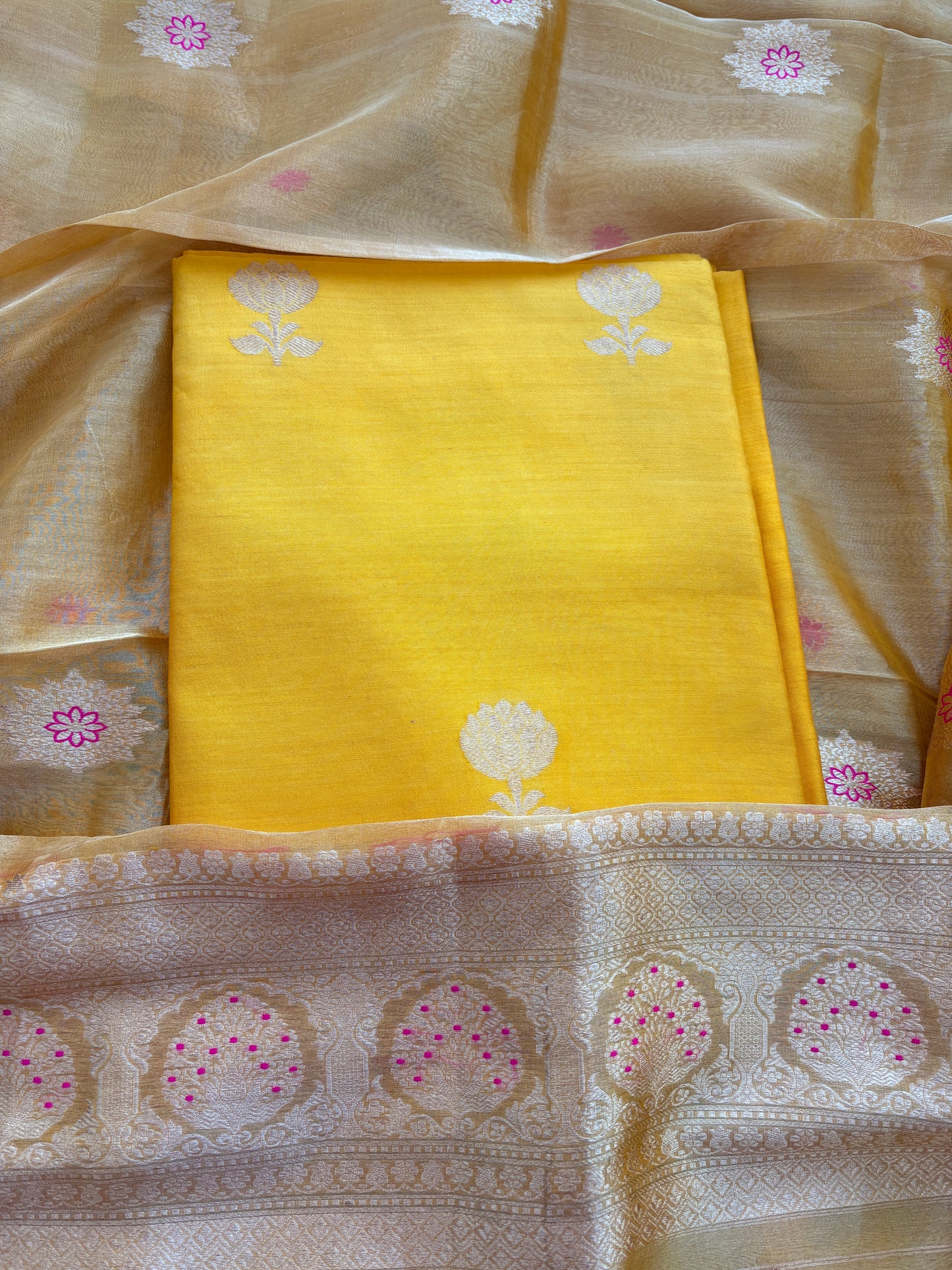 Yellow Chiniya silk kadhwa suit with tissue dupatta