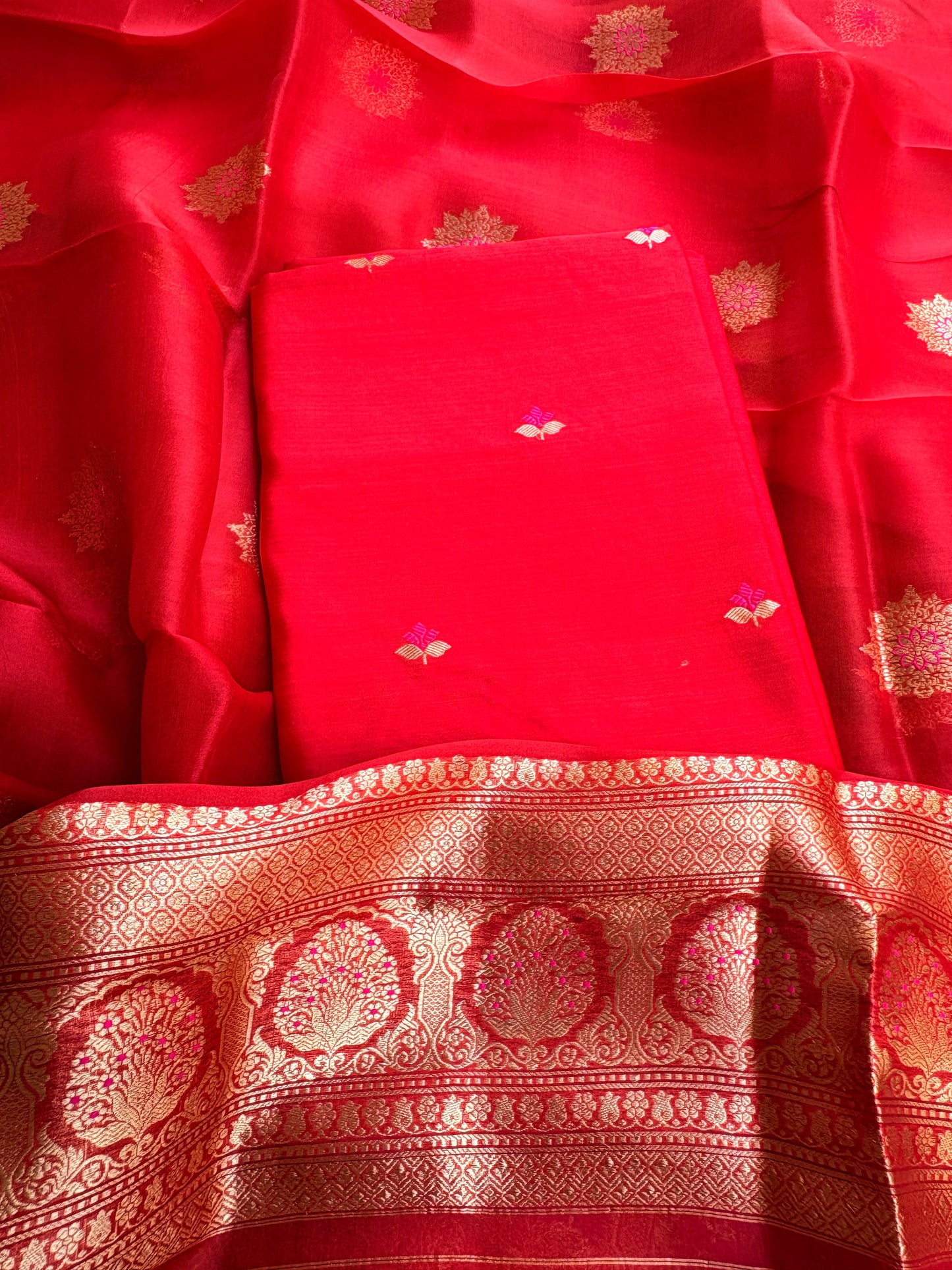 Red Chiniya silk kurta , bottom and kora kadhwa dupatta