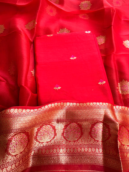 Red Chiniya silk kurta , bottom and kora kadhwa dupatta