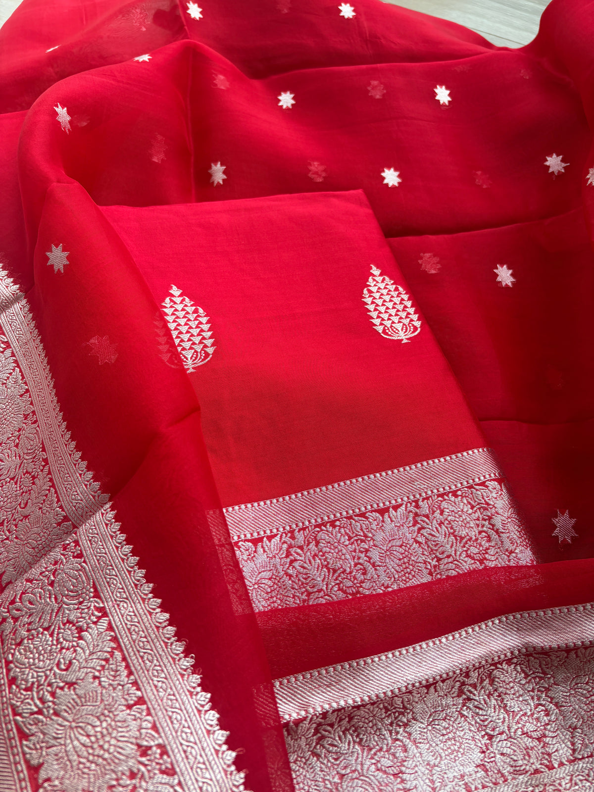 Red Chiniya kora silk silver zari suit