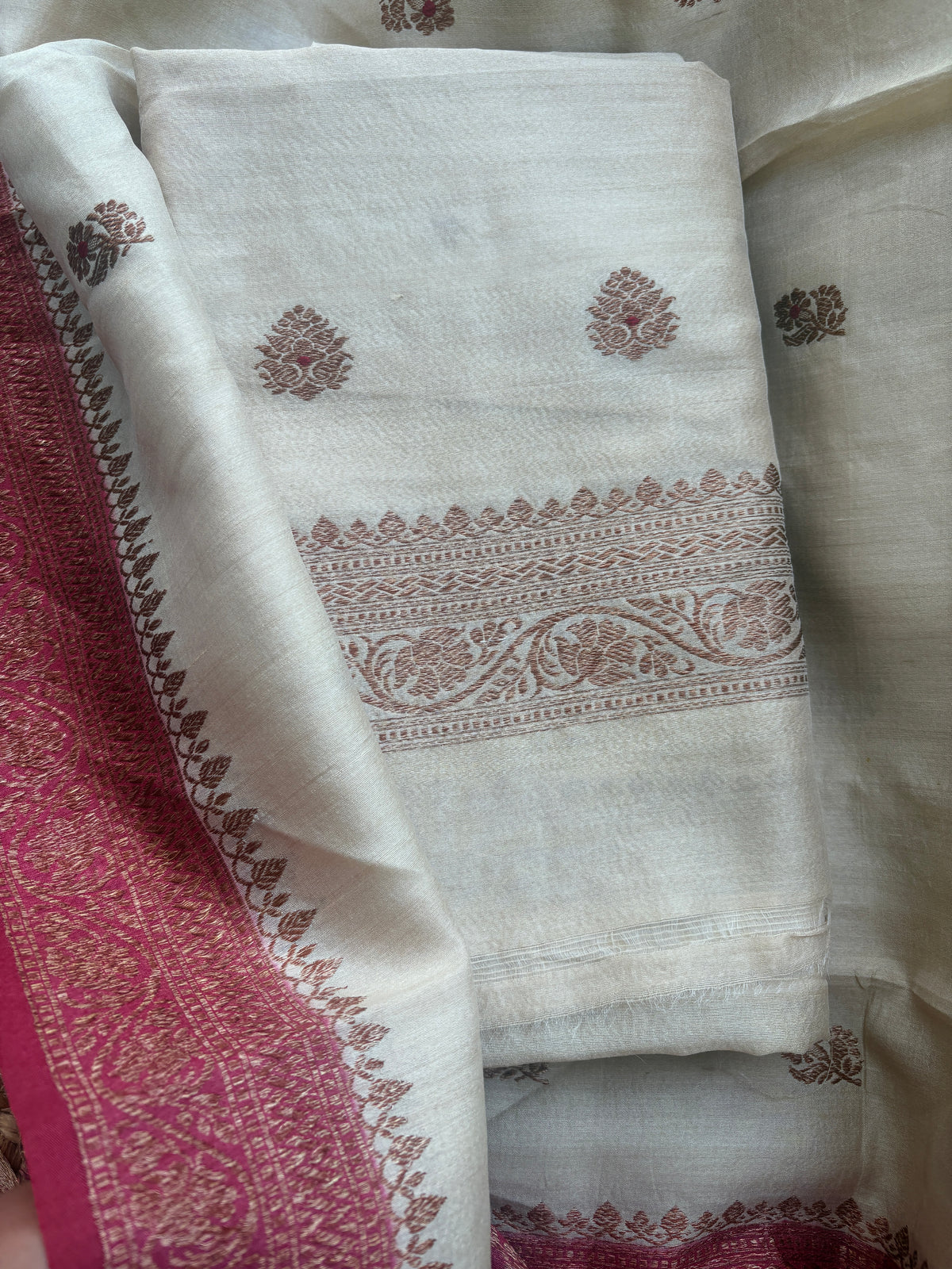 Cream tussar suit with red shaded dupatta