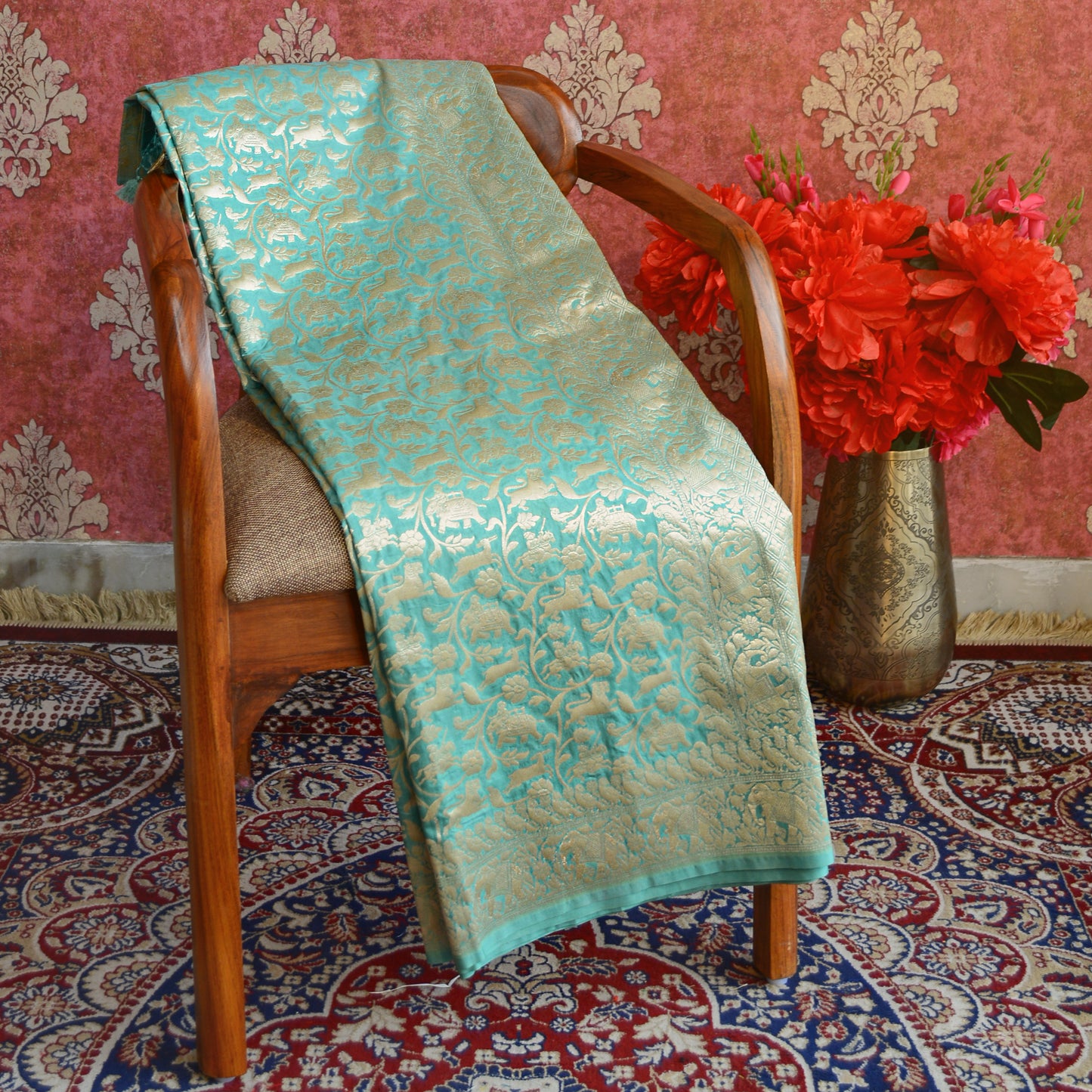 Turquoise Green Shikargah Silk Saree