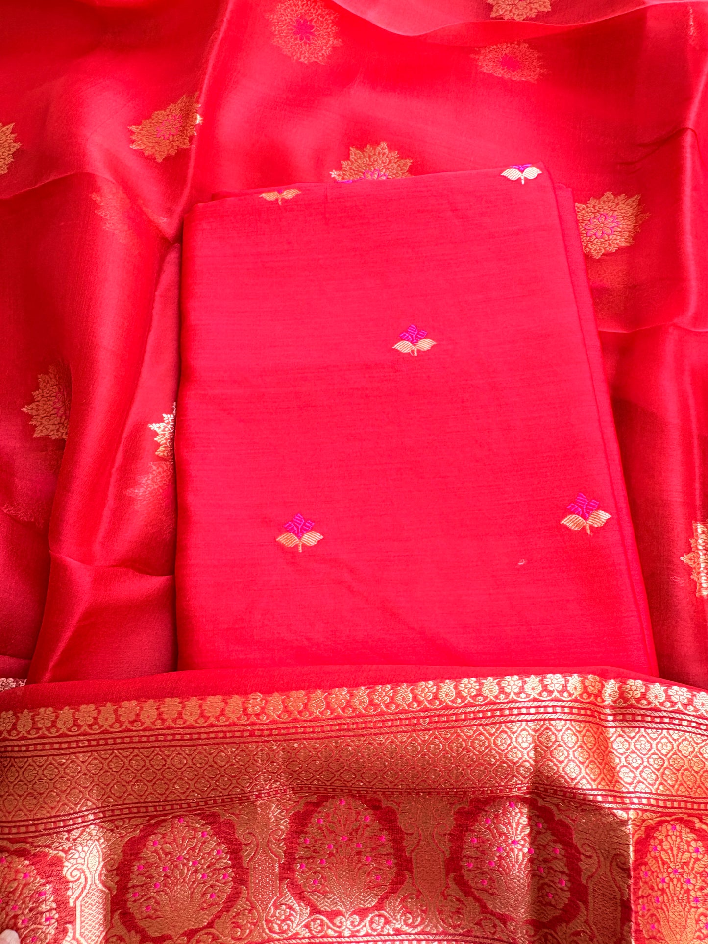 Red Chiniya silk kurta , bottom and kora kadhwa dupatta