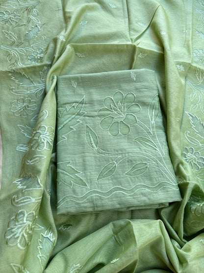 Green appliqué mul Chanderi suit set