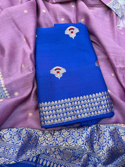 Blue moonga silk kurta, and chaap dye moonga silk dupatta