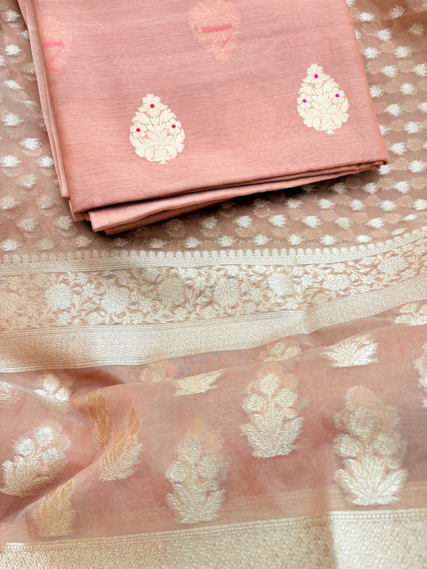 Peach handloom silk suit set with cutwork Kora dupatta