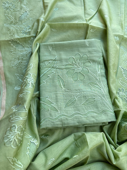 Green appliqué mul Chanderi suit set
