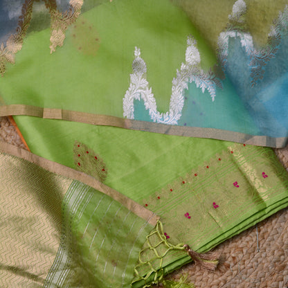 Green Chiniya Kora suit with rangkat dupatta