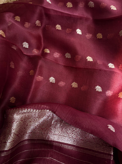 Maroon chiniya silver zari kadhwa kurta, kora silver zari dupatta, plain bottom