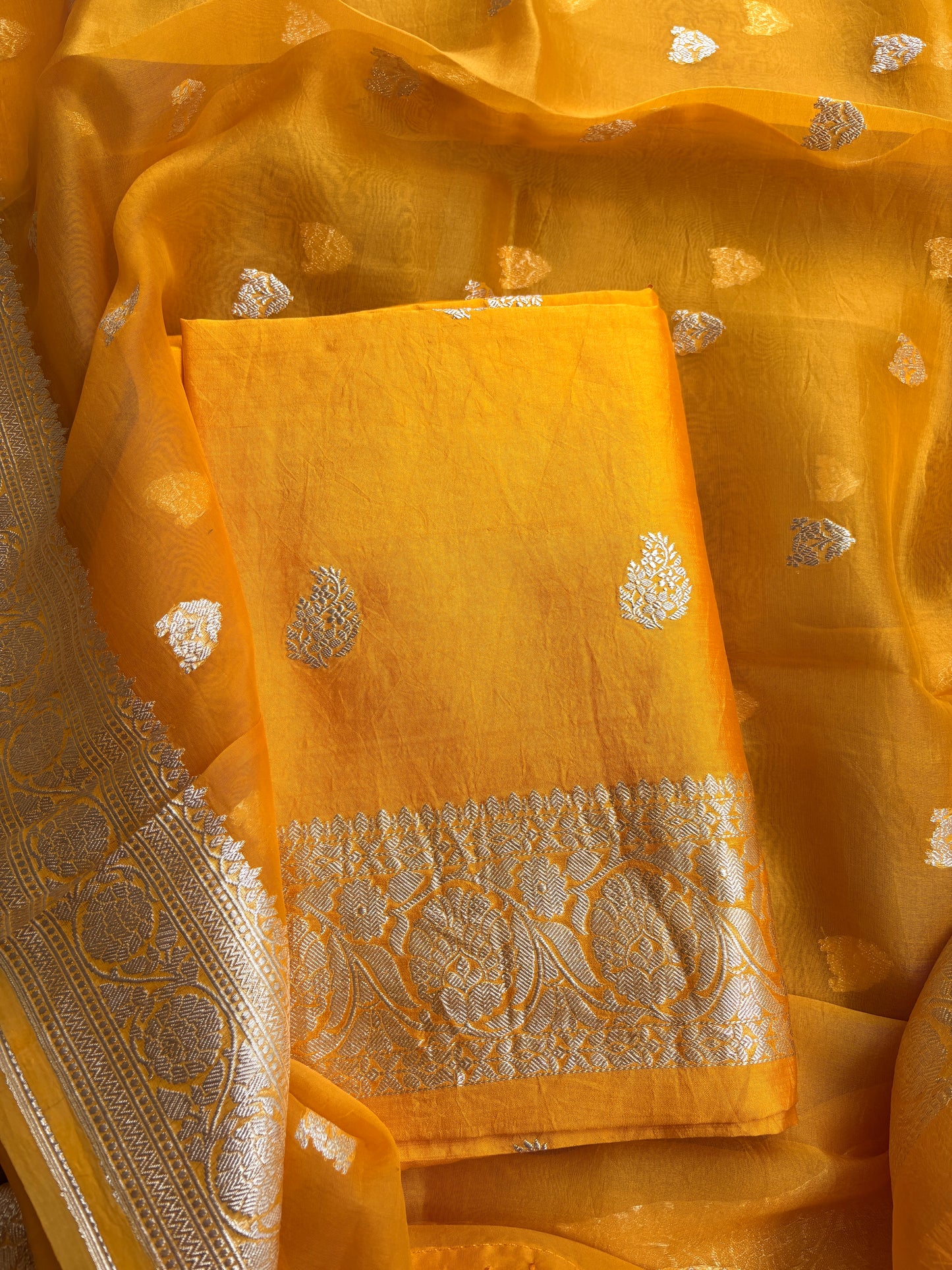 Yellow Chiniya silk silver zari suit set