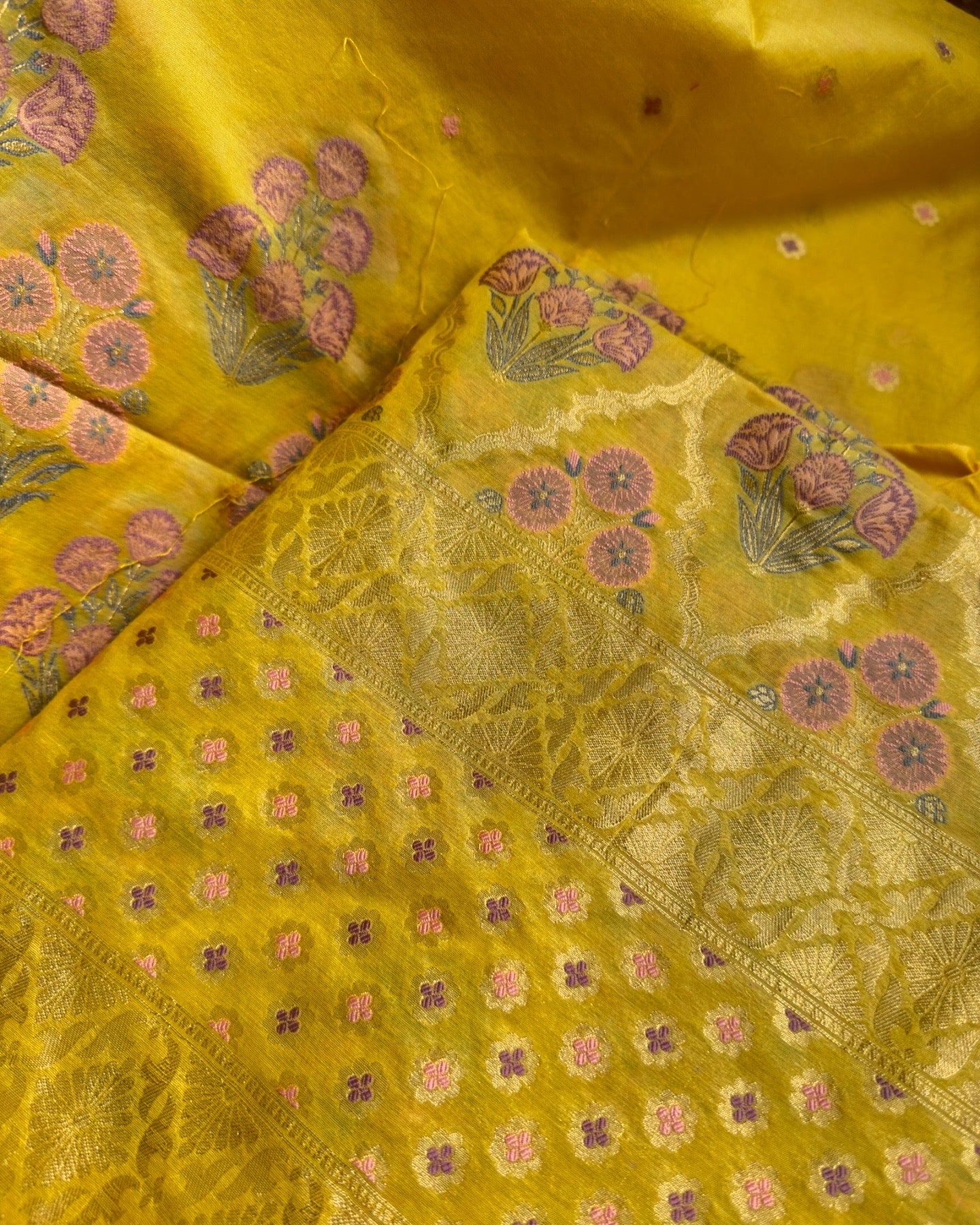 Yellow chanderi full Jaal weaving 3 piece suit.