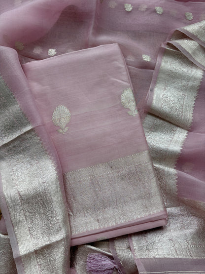 Pink lavender silver zari Chiniya silk suit set
