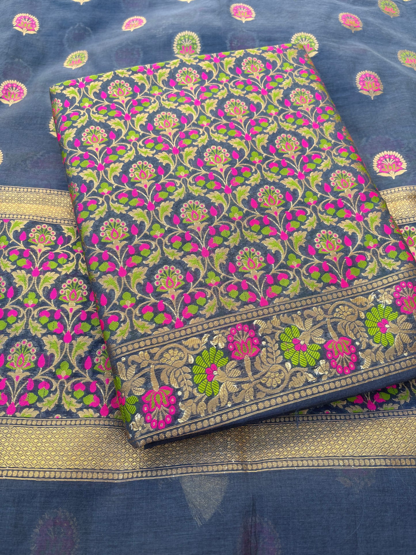 Blue jaal weaving Chanderi 3 piece suit set