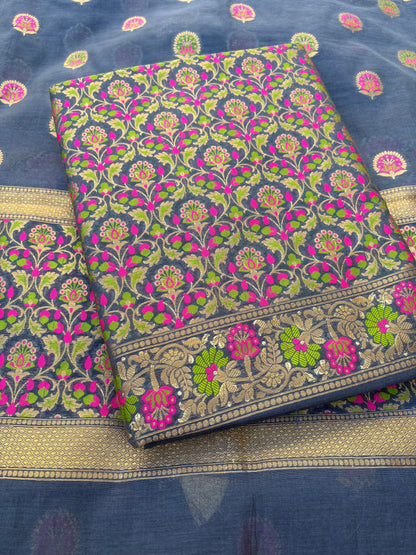 Blue jaal weaving Chanderi 3 piece suit set