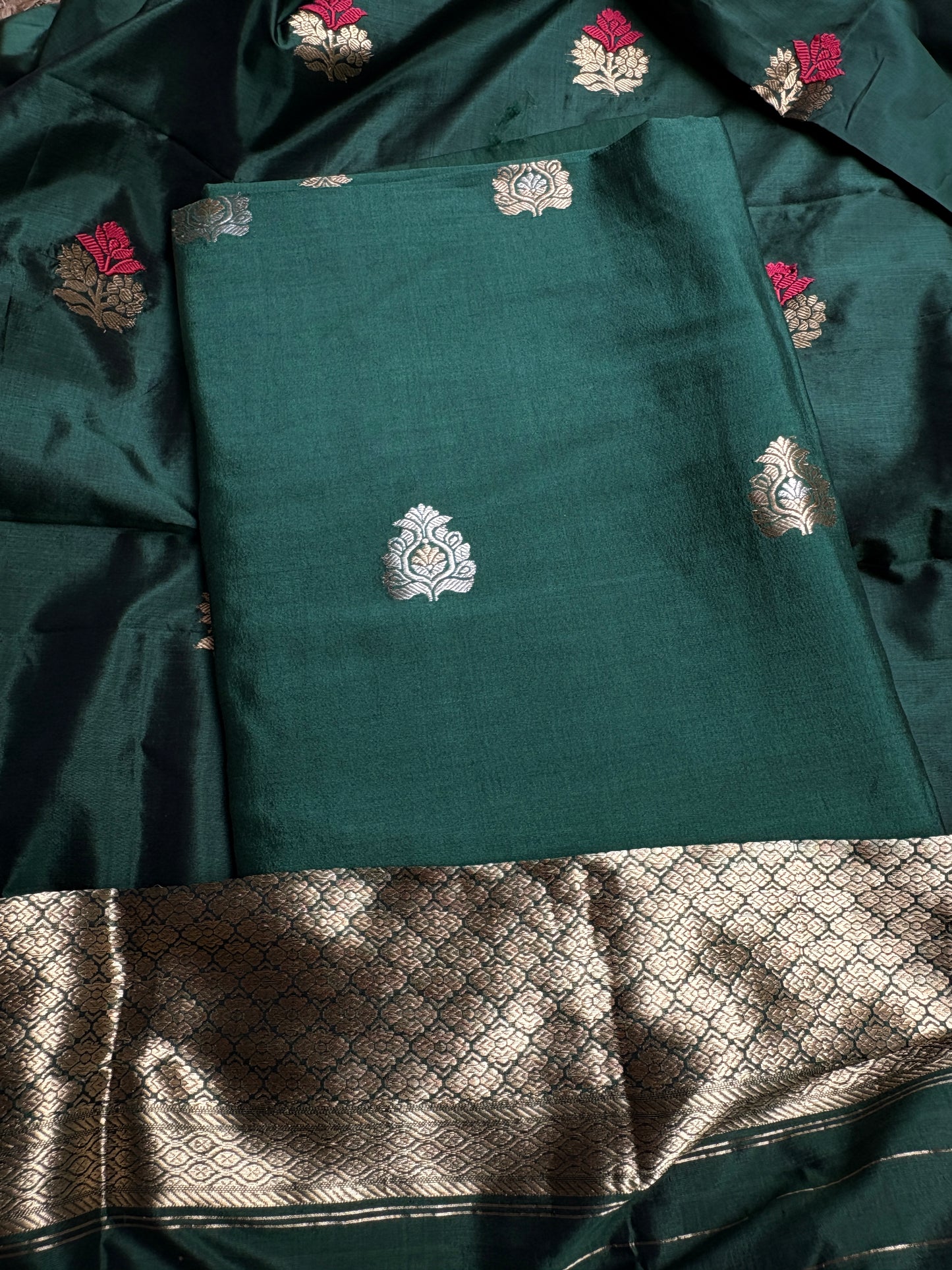 Green Chiniya silk kurta, bottom, katan silk kadhwa dupatta