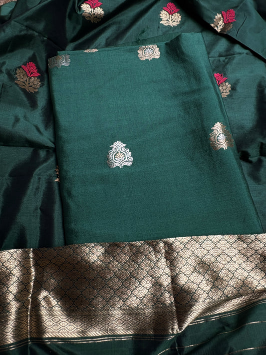 Green Chiniya silk kurta, bottom, katan silk kadhwa dupatta