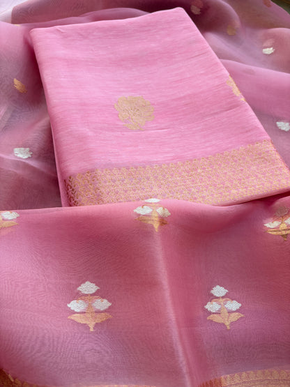 Pink linen silk with kora dupatta suit set