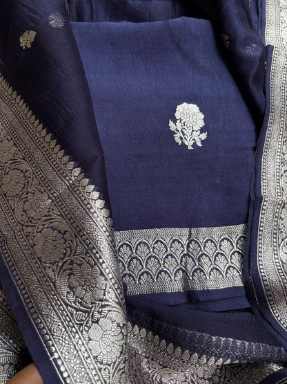 Blue Chiniya kora Chiniya  silver zari suit set