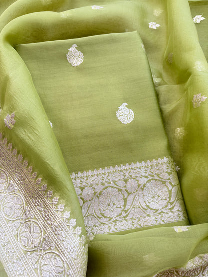 Green Chiniya silk pure silver zari suit set