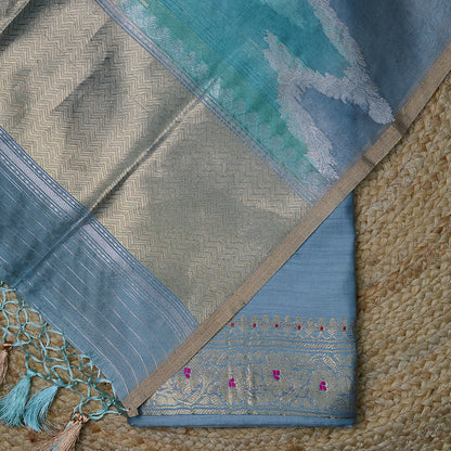 Blue Chiniya silk with rangkata kora dupatta