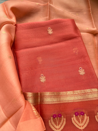 Peach orange kora silk suit set with shaded dupatta