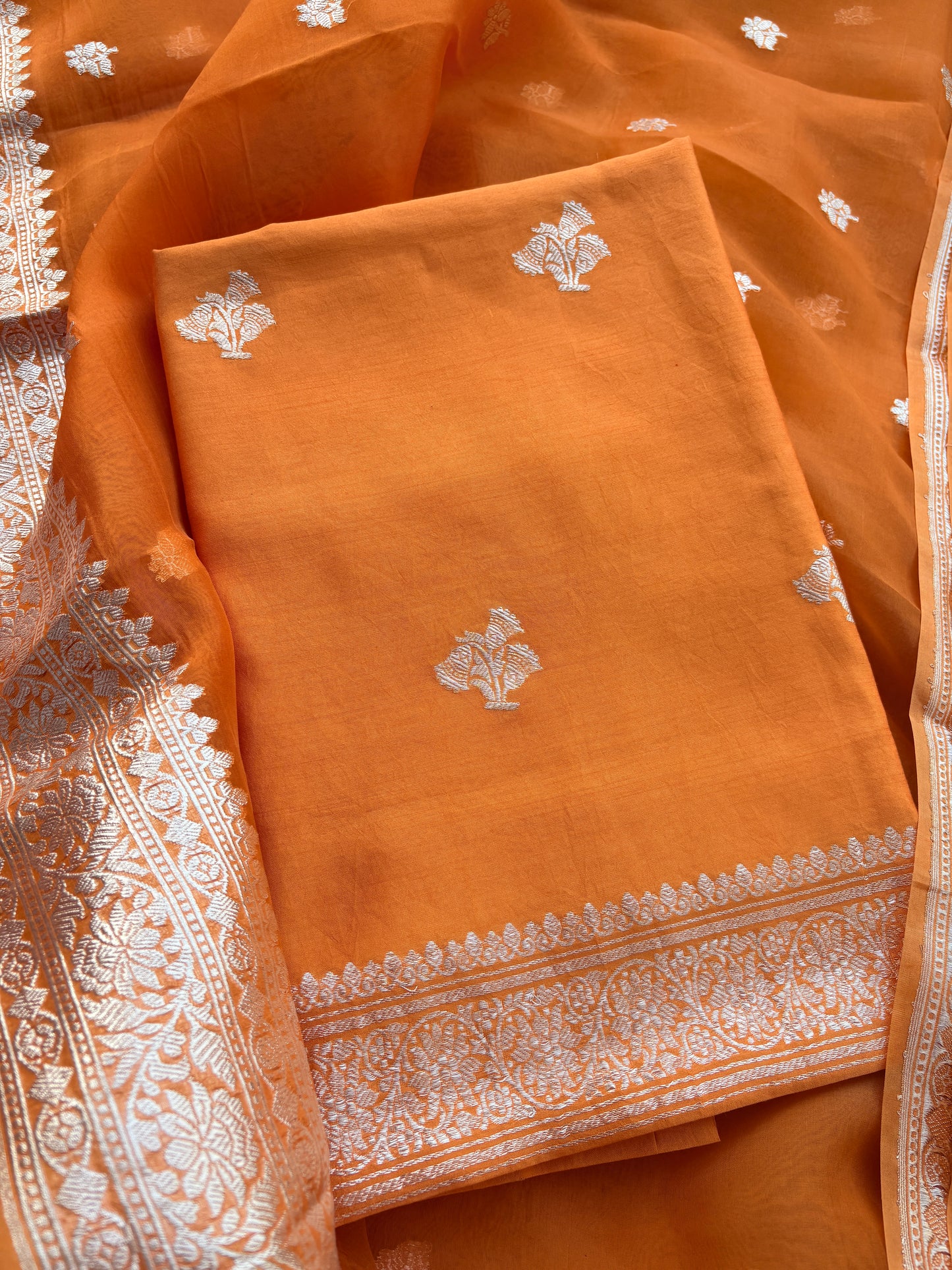 Orange Chiniya kora silk pure silver zari suit set