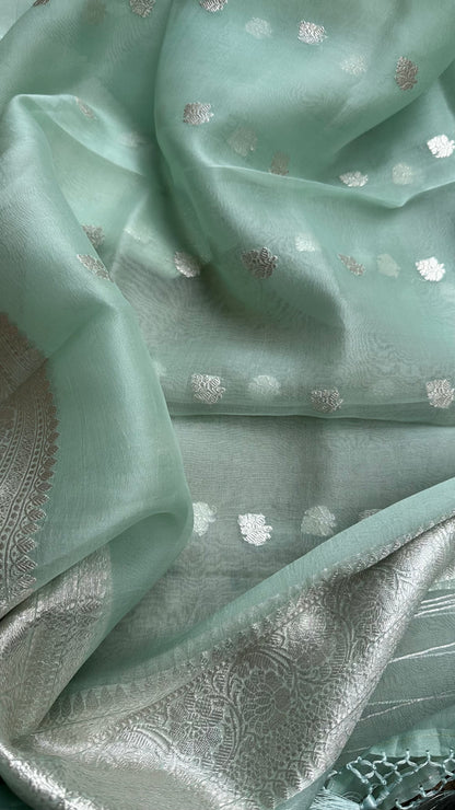 Pastel green pure silver chiniya silk suit, kora silk dupatta, plain silk bottom.
