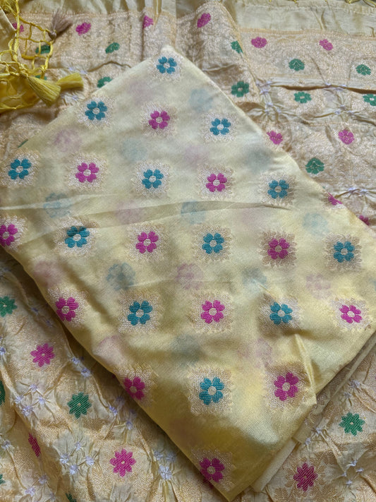 Lime  yellow cotton chiniya kurta , bandhani dupatta, plain bottom