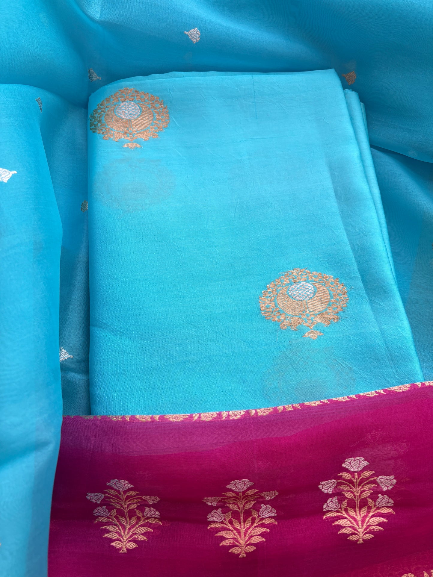 Blue Chiniya silk kora kadhwa suit set