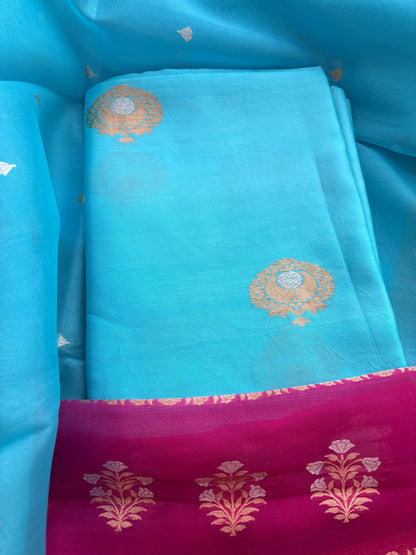 Blue Chiniya silk kora kadhwa suit set