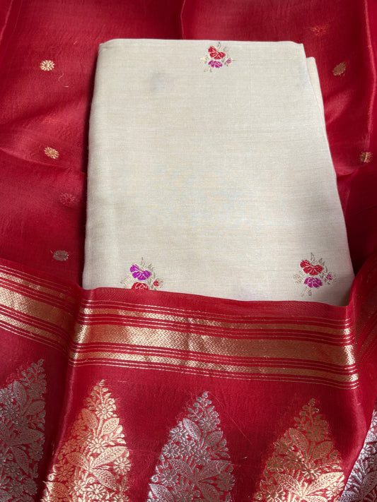 Cream moonga silk meenadar kurta, kora silk dupatta, plain silk bottom